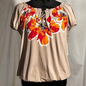 NWT Izod Peasant Blouse, Brown, Orange Flowers, Size Medium